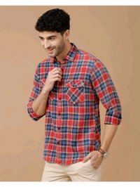 Cavallo By Linen Club Blended Linen Red Checked Casual Shirt - Red Orange, M