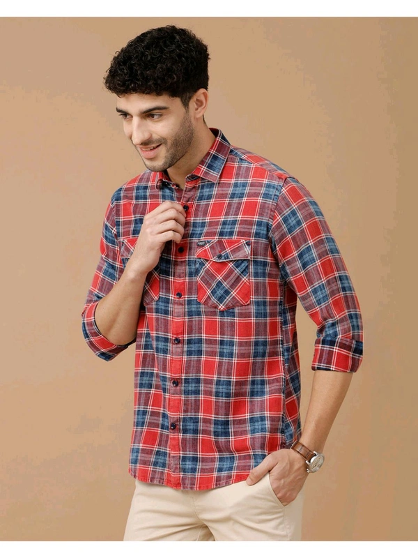 Cavallo By Linen Club Blended Linen Red Checked Casual Shirt - Red Orange, M