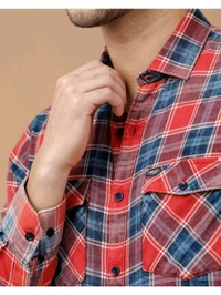 Cavallo By Linen Club Blended Linen Red Checked Casual Shirt - Red Orange, M