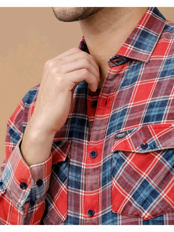 Cavallo By Linen Club Blended Linen Red Checked Casual Shirt - Red Orange, M