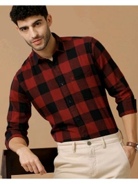 Blended Linen Red Checked Casual Shirt - Guardsman Red, L