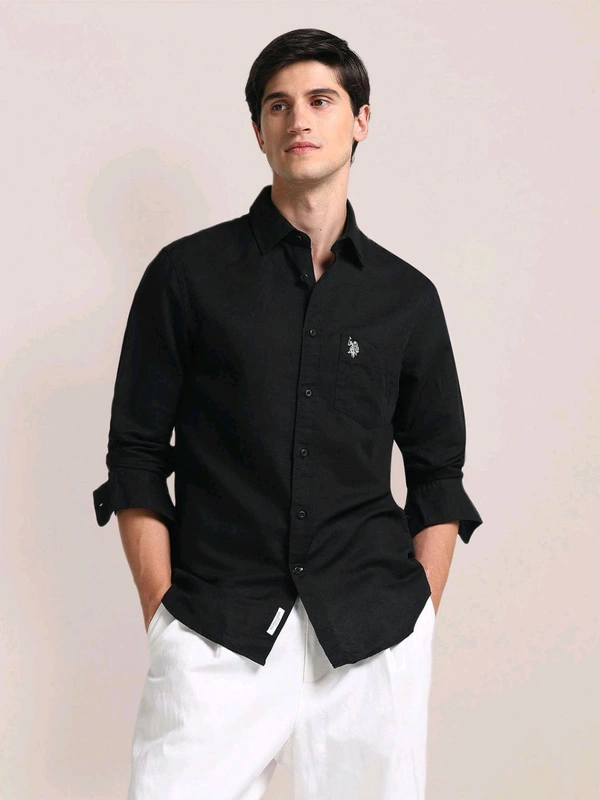 U.S POLO ASSN. Regular Fit Linen Casual Shirt Full Sleeves Black - Black, S
