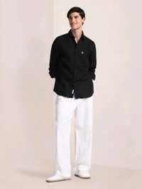 U.S POLO ASSN. Regular Fit Linen Casual Shirt Full Sleeves Black - Black, S