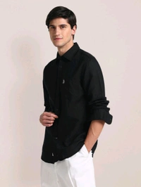 U.S POLO ASSN. Regular Fit Linen Casual Shirt Full Sleeves Black - Black, S