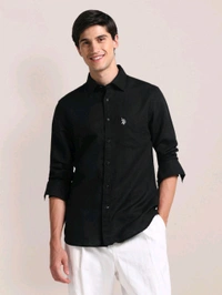 U.S POLO ASSN. Regular Fit Linen Casual Shirt Full Sleeves Black - Black, S