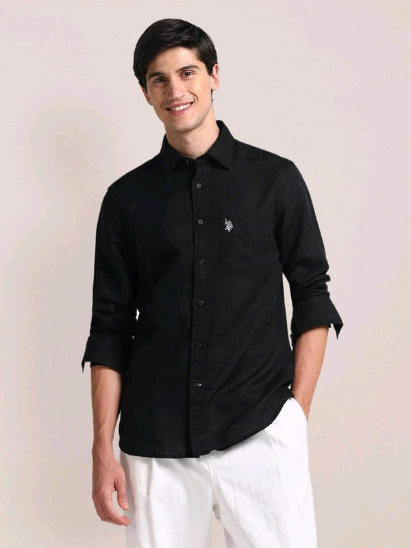 U.S POLO ASSN. Regular Fit Linen Casual Shirt Full Sleeves Black - Black, S