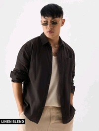 The Souled Store Solids Brown Cotton Linen Shirt - Mine Shaft, 2XL