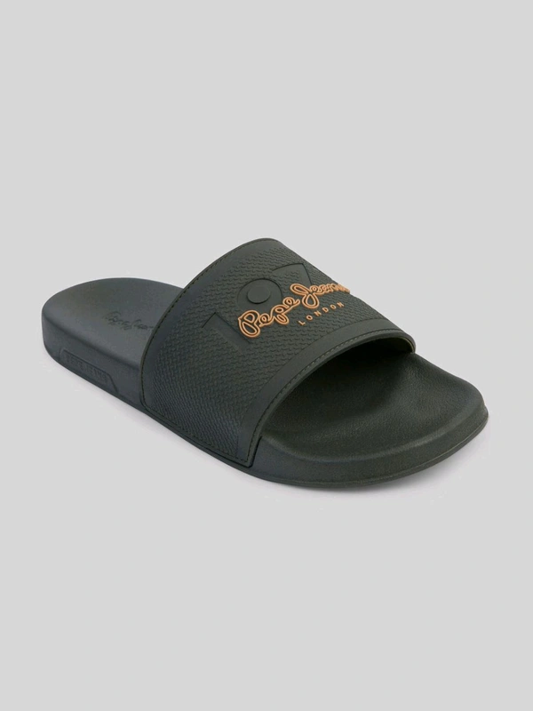 Pepe Jeans Olive Lightweight Beach Sliders with Textured Logo Print - Mine Shaft, UK 07