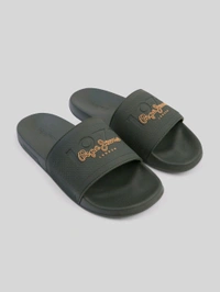 Pepe Jeans Olive Lightweight Beach Sliders with Textured Logo Print - Mine Shaft, UK 11