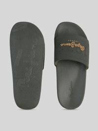 Pepe Jeans Olive Lightweight Beach Sliders with Textured Logo Print - Mine Shaft, UK 11