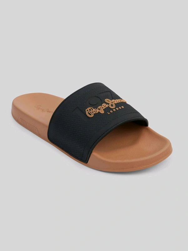 Pepe Jeans Black & Brown Lightweight Beach Sliders with Textured Logo Print - Raw Sienna, UK 07
