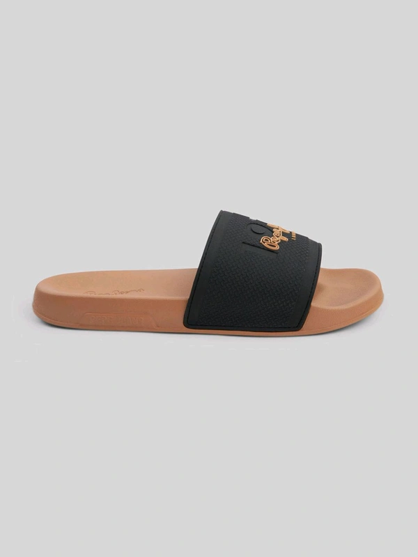 Pepe Jeans Black & Brown Lightweight Beach Sliders with Textured Logo Print - Raw Sienna, UK 07