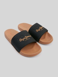 Pepe Jeans Black & Brown Lightweight Beach Sliders with Textured Logo Print - Raw Sienna, UK 07