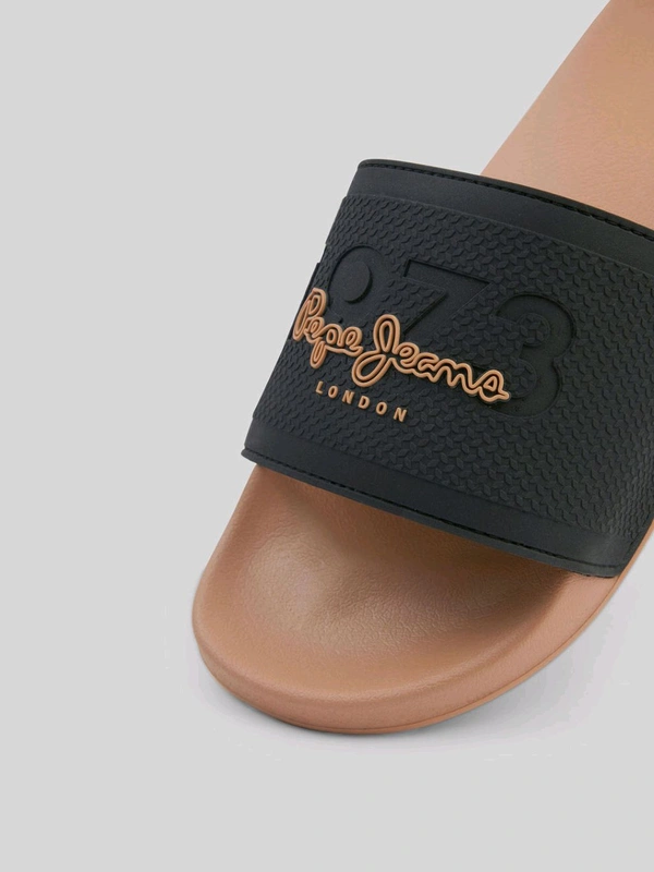 Pepe Jeans Black & Brown Lightweight Beach Sliders with Textured Logo Print - Raw Sienna, UK 07