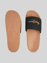 Pepe Jeans Black & Brown Lightweight Beach Sliders with Textured Logo Print - Raw Sienna, UK 07