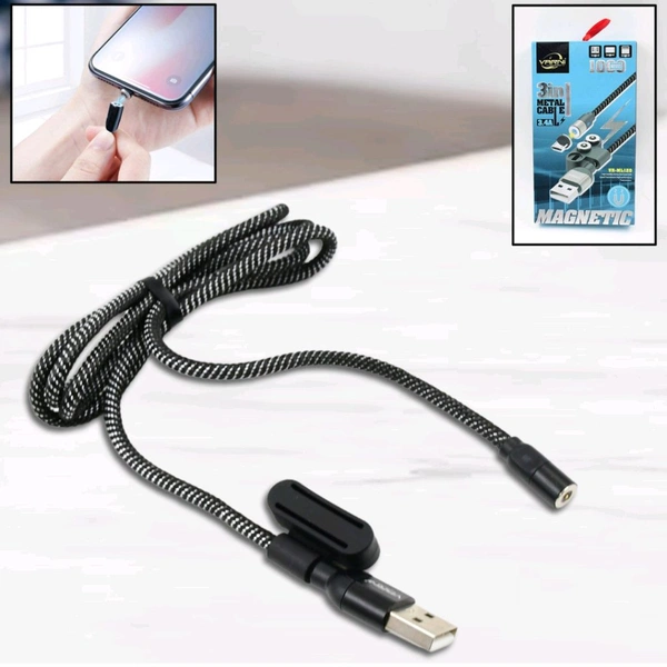 3 in 1 Magnetic USB Charging Cable |LED Indicator Light Cable Compatible with All Type-C Smartphone, Android and iOS Smartphone - Black, Free