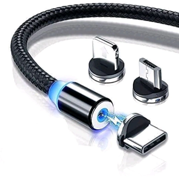 3 in 1 Magnetic USB Charging Cable |LED Indicator Light Cable Compatible with All Type-C Smartphone, Android and iOS Smartphone - Black, Free