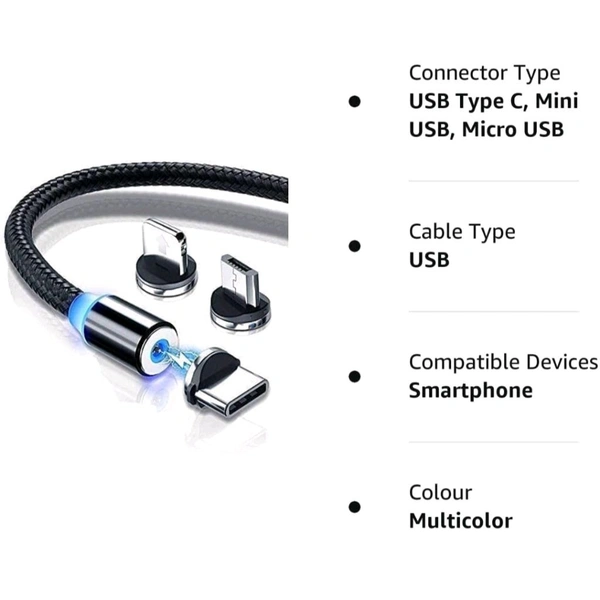 3 in 1 Magnetic USB Charging Cable |LED Indicator Light Cable Compatible with All Type-C Smartphone, Android and iOS Smartphone - Black, Free