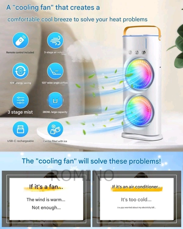 New Double-Head Powerful Air Cooler Air, 2025 New 3 Gears USB Rechargeable Oscillating fan with LED Light Cooler, Touch & Remote Control, 280ml Water Tank, Ice Filling Fan - White, Free Size
