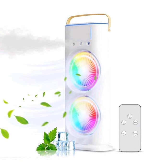 New Double-Head Powerful Air Cooler Air, 2025 New 3 Gears USB Rechargeable Oscillating fan with LED Light Cooler, Touch & Remote Control, 280ml Water Tank, Ice Filling Fan - White, Free Size