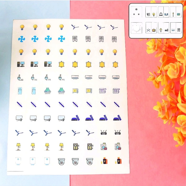 Smart Switch Icon Sticker Sheet – Visual Labels for Home & Office Switchboards (1 Sheet, 88 Icons)