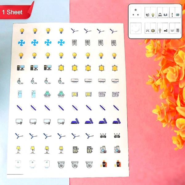 Smart Switch Icon Sticker Sheet – Visual Labels for Home & Office Switchboards (1 Sheet, 88 Icons)