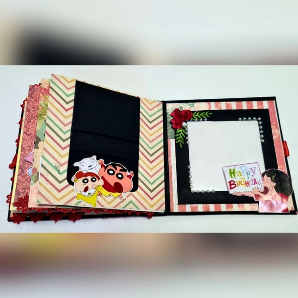 SHIN CHAN SCRAPBOOK  - black,white and red, 7.5x7.5x2 inchs, contain 30 pictures and 10 messages ( extra charges for pics and msgs ) 200/- extra