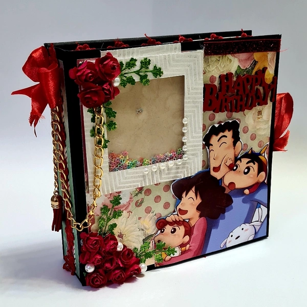 SHIN CHAN SCRAPBOOK  - black,white and red, 7.5x7.5x2 inchs, contain 30 pictures and 10 messages ( extra charges for pics and msgs ) 200/- extra