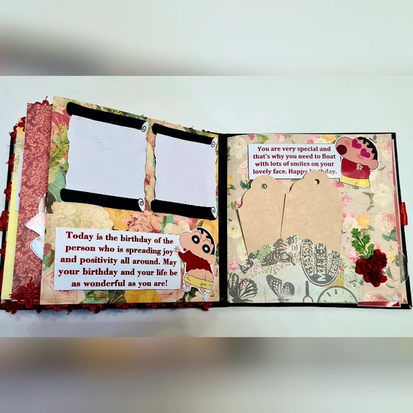 SHIN CHAN SCRAPBOOK  - black,white and red, 7.5x7.5x2 inchs, contain 30 pictures and 10 messages ( extra charges for pics and msgs ) 200/- extra