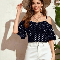 MMFABRIX Istyle Can Women Polka Dot Butterfly sleeves Cold Shoulder Top - M