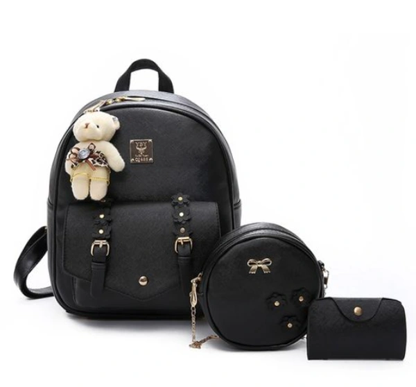 SALEBOX P.U. Leather Backpack Set - FREE SIZE, BLACK