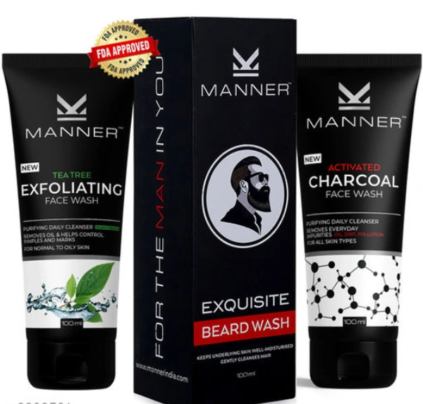 ELEGANT LIFESTYLE Manner Activated Charcoal Face Wash, Tea Tree Face Wash for Acne & Natural Beard Wash, SLS & Paraben Free, 300 ml Pack of 3 - FREE SIZE