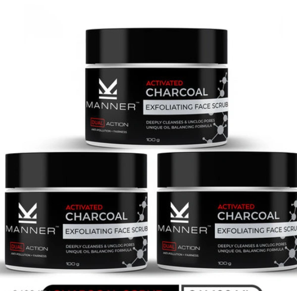 Manner Activated Charcoal Face Scrub for Fairness & Anti-Pollution, 300 ml Pack of 3 - FREE SIZE