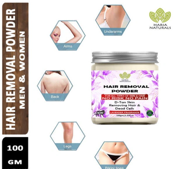 CHANIKA SINGHAL Haria Naturals Hair Removal Powder (Lavender Fragrance) For Underarms, Hand, Legs & Bikini Line Three in one Use For D-Tan Skin, Removing Hair, Remove Dead cell (For Easy Hair Removal No Risk No Pain) Men & Women 100 gms - FREE SIZE, 5.3