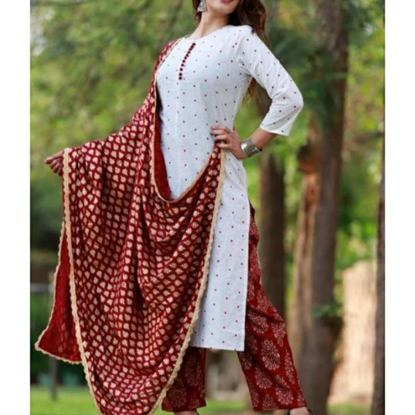 MMFABRIX Round Neck Straight Rayon Kurta Pant Set With Heavy Dupatta - L