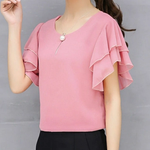 MMFABRIX Women Pink Ruffle Sleeve Neck Buttons Top - L