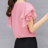 MMFABRIX Women Pink Ruffle Sleeve Neck Buttons Top - L
