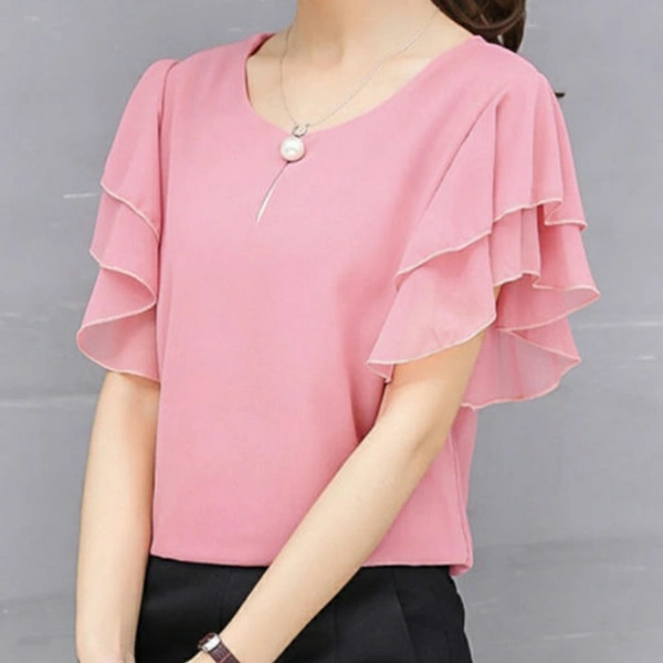 MMFABRIX Women Pink Ruffle Sleeve Neck Buttons Top - L