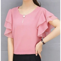 MMFABRIX Women Pink Ruffle Sleeve Neck Buttons Top - XL