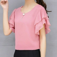 MMFABRIX Women Pink Ruffle Sleeve Neck Buttons Top - XL