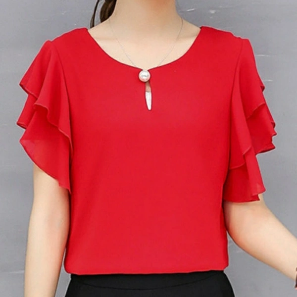 MMFABRIX Women Pink Ruffle Sleeve Neck Buttons Top - S, red