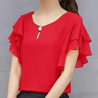 MMFABRIX Women Pink Ruffle Sleeve Neck Buttons Top - S, red