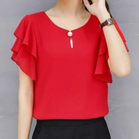MMFABRIX Women Pink Ruffle Sleeve Neck Buttons Top - L