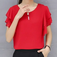 MMFABRIX Women Pink Ruffle Sleeve Neck Buttons Top - XL