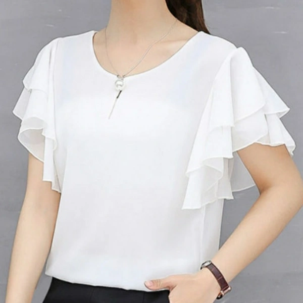 MMFABRIX Women Pink Ruffle Sleeve Neck Buttons Top - XL, white
