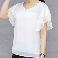 MMFABRIX Women Pink Ruffle Sleeve Neck Buttons Top - L, white