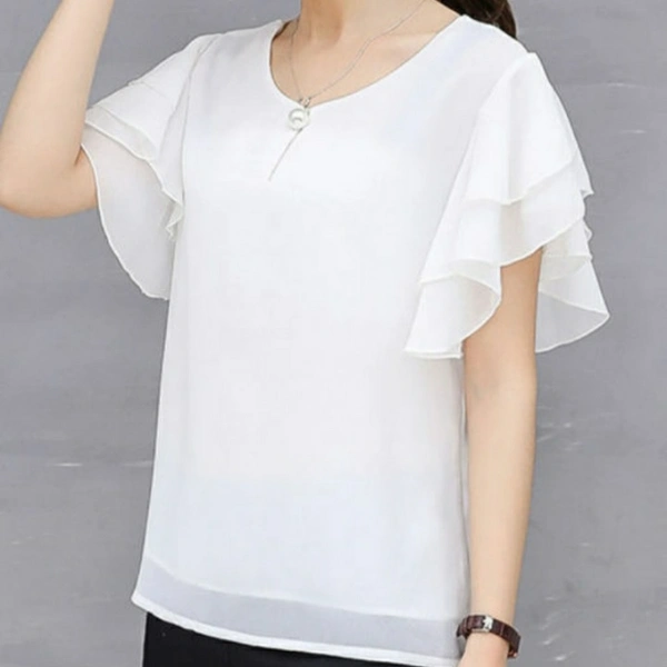 MMFABRIX Women Pink Ruffle Sleeve Neck Buttons Top - L, white