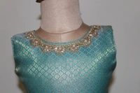 Elegant Traditional Baby Frock Mint Green with Blue Border - 0-6 Month
