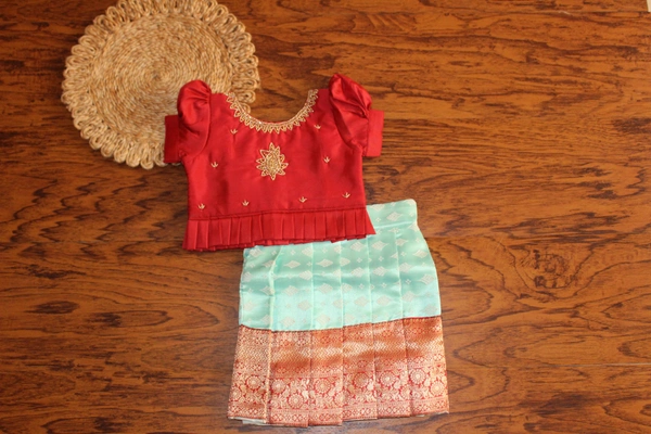 Gorgeous Maroon and Mint Green Traditional Baby Pavada Set  - 6-12 Month