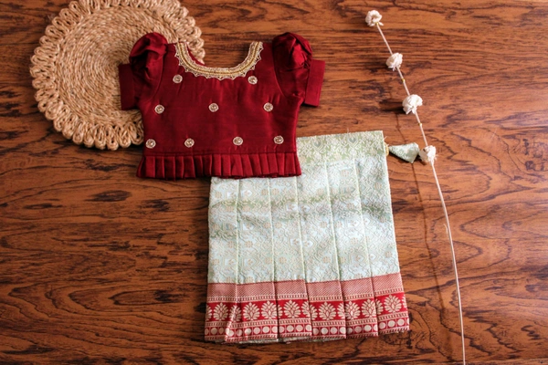 Classic Maroon and Mint Green Traditional Baby Pavada Set - 6-12 Month